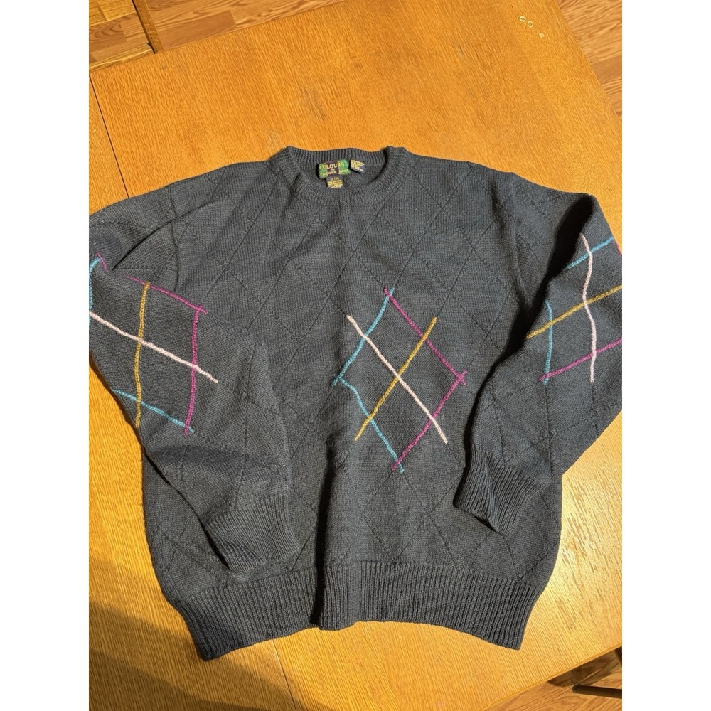 Vintage Colours by Alexander Julian Wool Sweater XL‎ Gray Argyle Hong Kong 80s